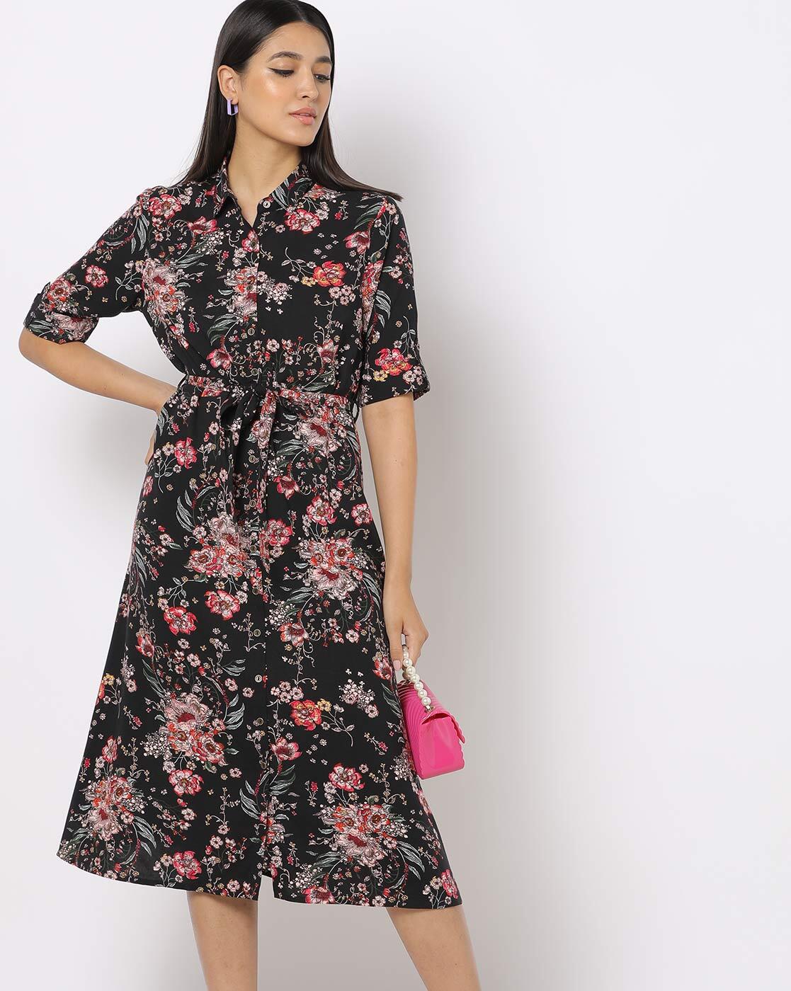 Three Quarter Sleeve Floral Dress - VIVIMARKS  Belted midi dress,  Necklines for dresses, Floral dress