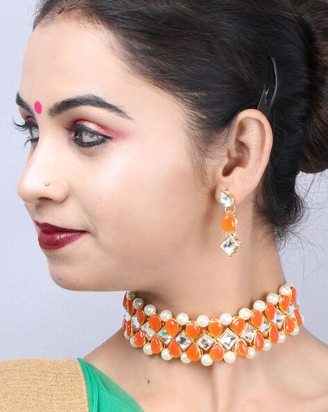 indian jewellery, bright orange, necklace set, earrings, stone studded | Necklace  set, Necklace, Stone studs