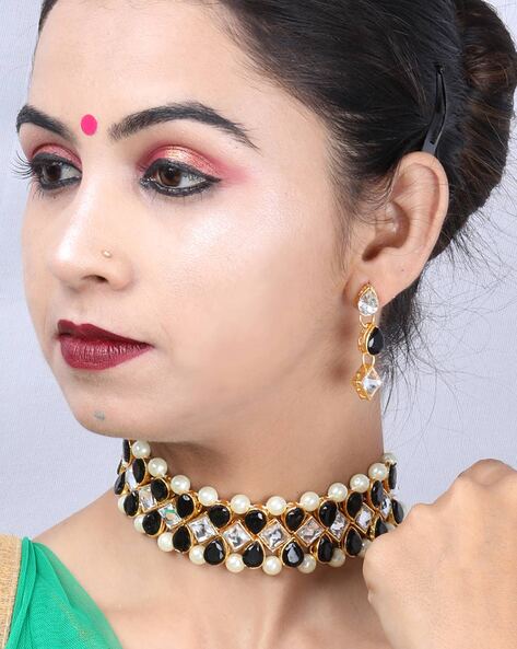 Black Kundan Tumble Moti Choker Necklace Earrings Set – Amazel Designs