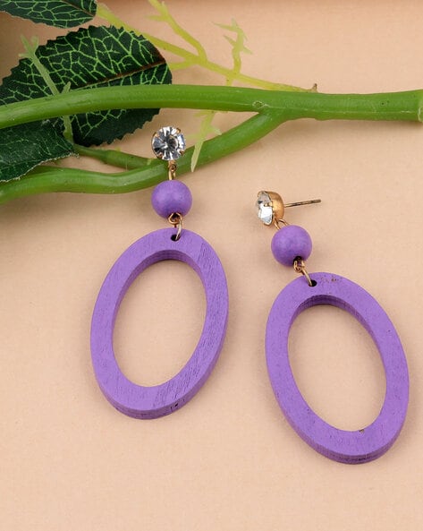 Golden geometric purple drop dangler party earrings at ₹1400 | Azilaa