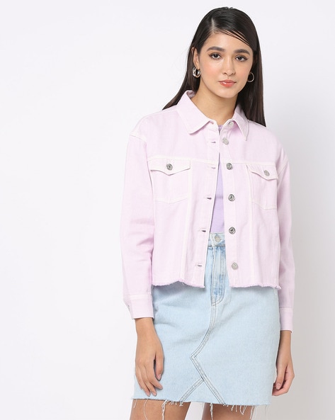 Collarless Jean Jacket With Frayed - Pink – APNY