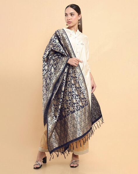 Floral Pattern Woven Dupatta with Tassels Price in India