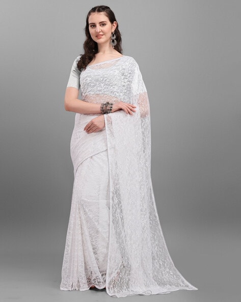 White Net Saree with Blouse Online Shopping: SVX195 | Lace saree, Net saree,  Red flower girl dresses