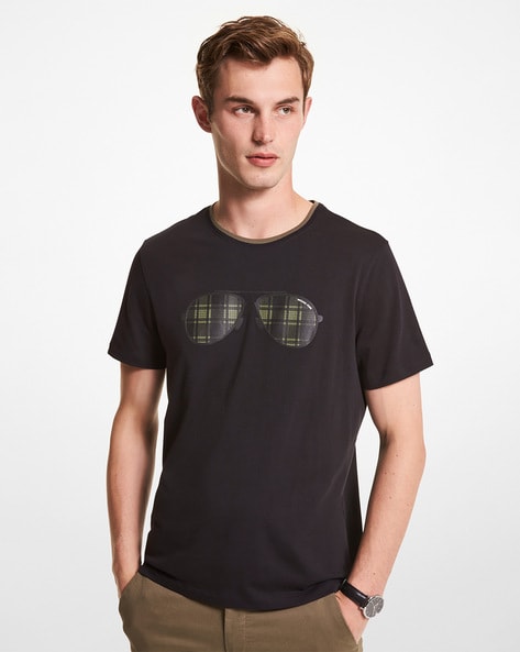 Buy Michael Kors Plaid Aviator Cotton T-Shirt | Black Color Men | AJIO LUXE