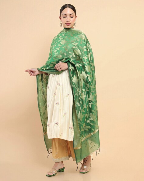 Floral Pattern Woven Dupatta with Tassels Price in India