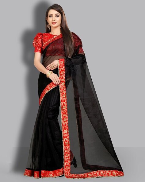 Buy POMCHA Black & Red Organza Saree With Unstitched Blouse online