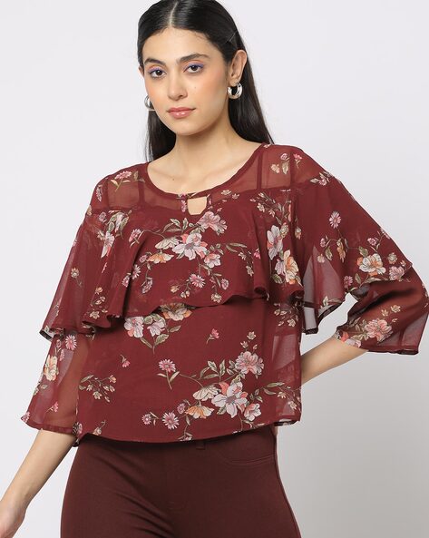 Floral Print Round-Neck Top with Camisole
