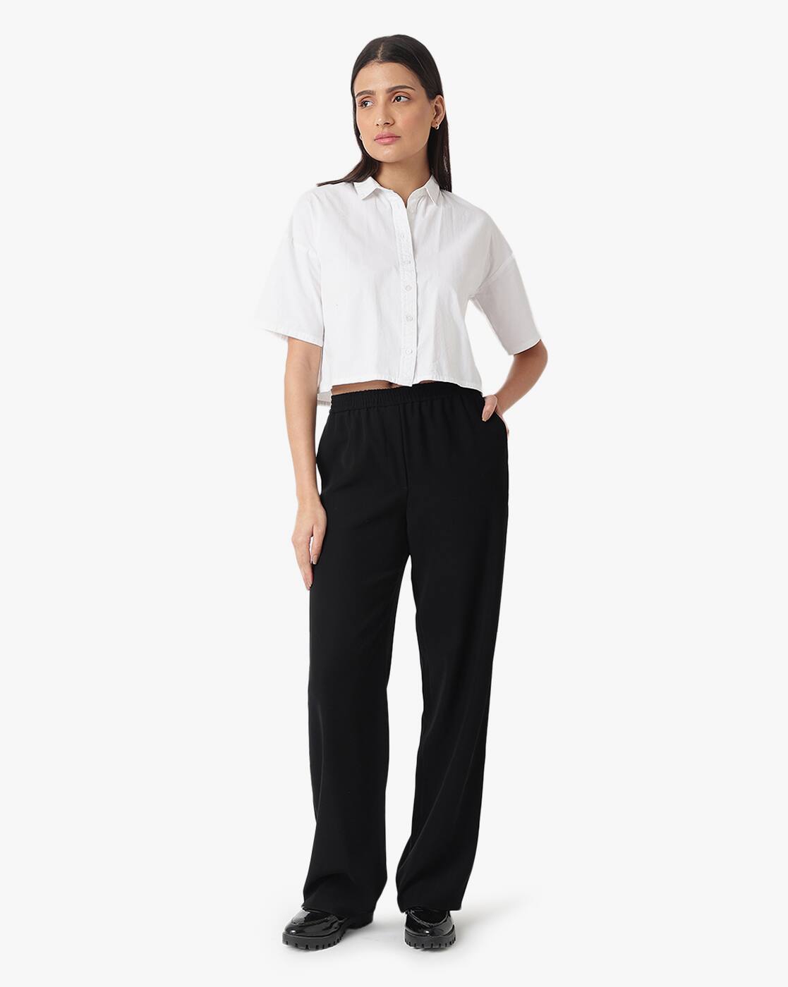 Buy EMPORIO ARMANI Women Flat Front Trousers | Black Color Women