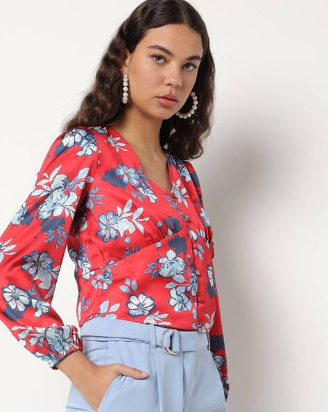 womens red floral blouse