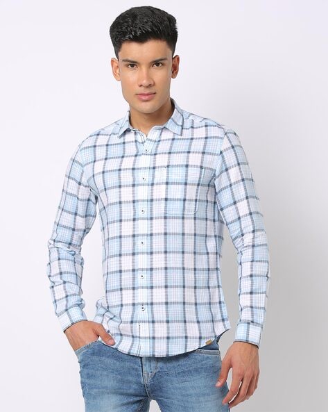 john players blue men checked slim fit shirt with patch pocket