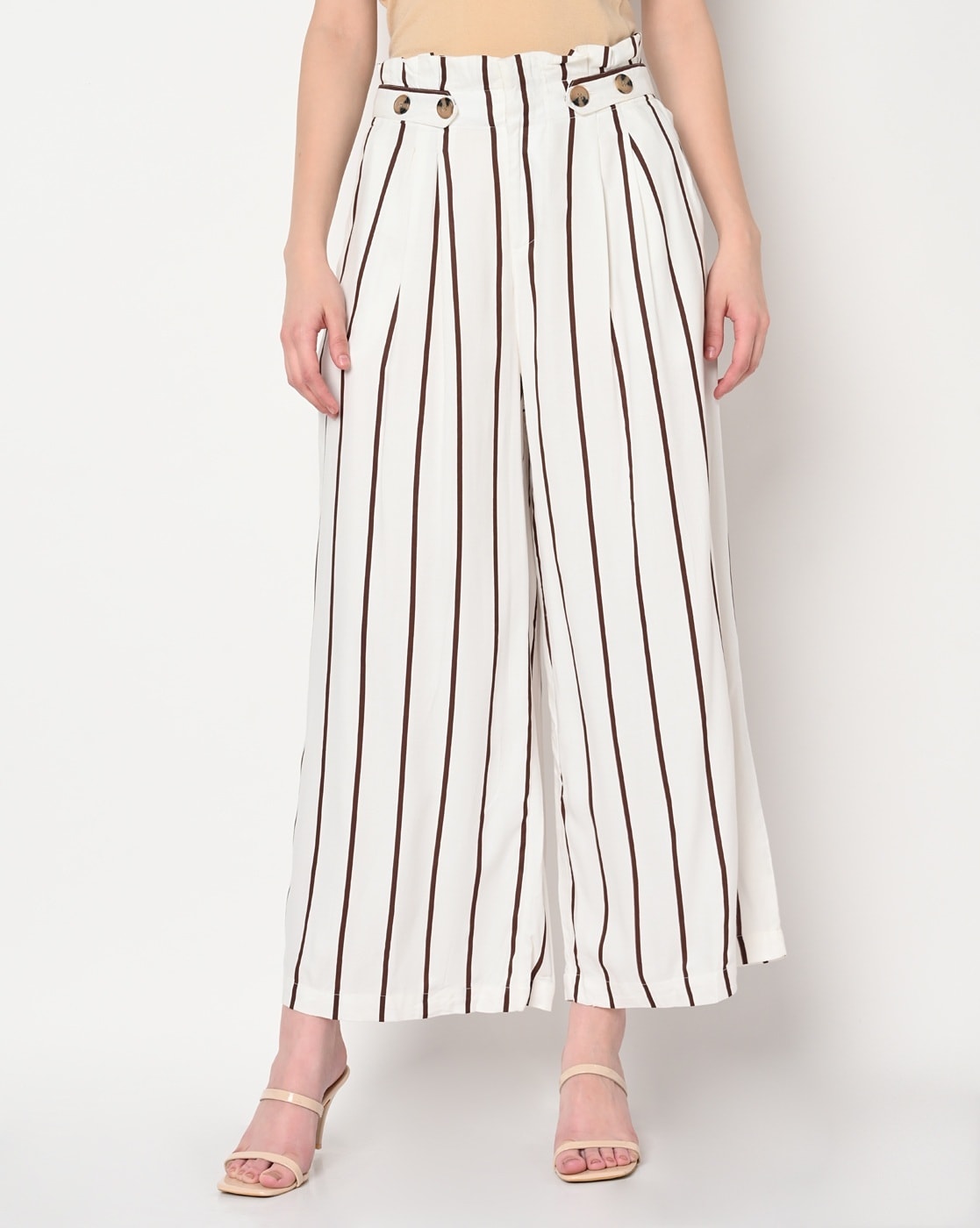 Striped paper bag trousers  WhiteBlue striped  Ladies  HM IN