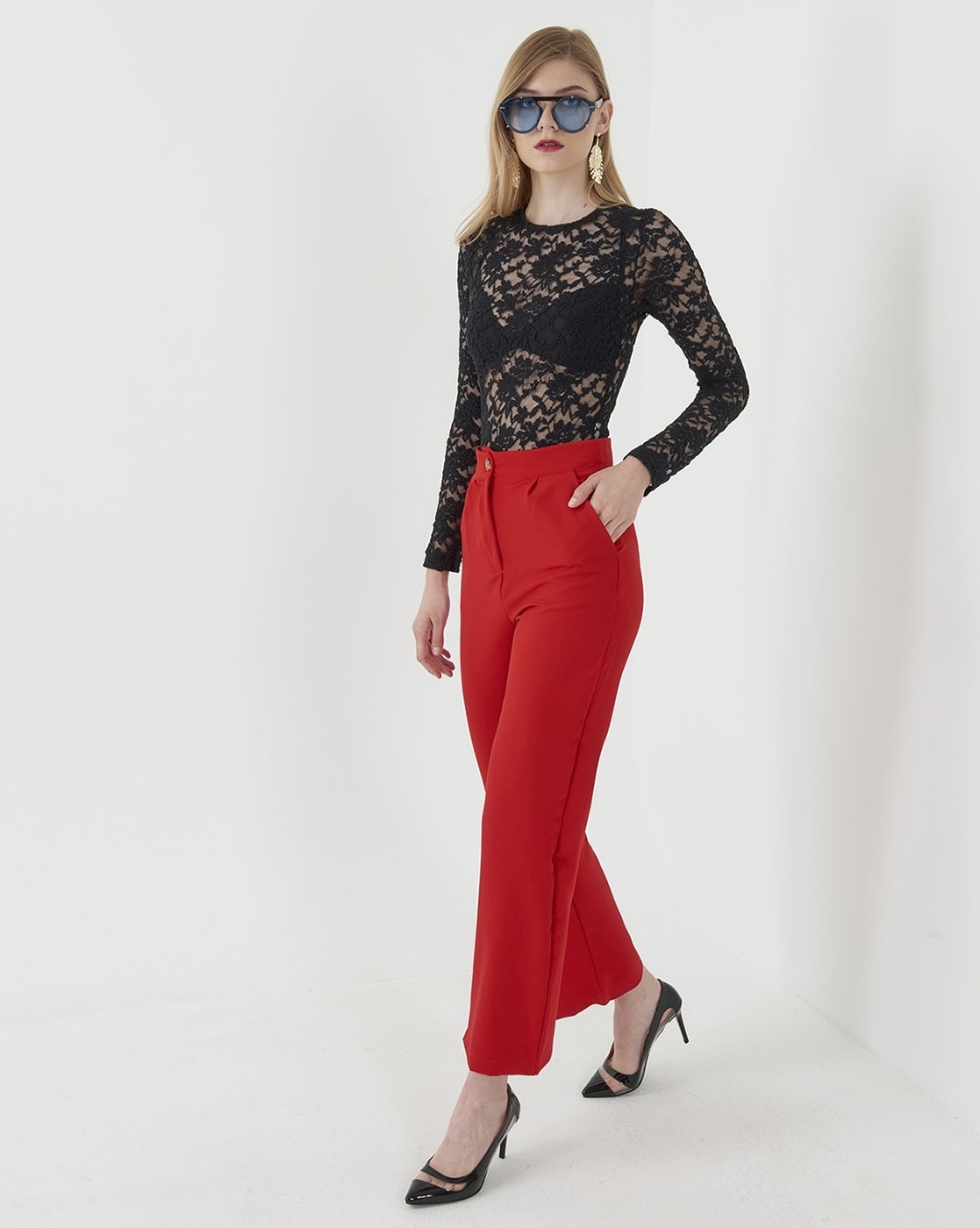 Red High Rise Cigarette Fit Pants