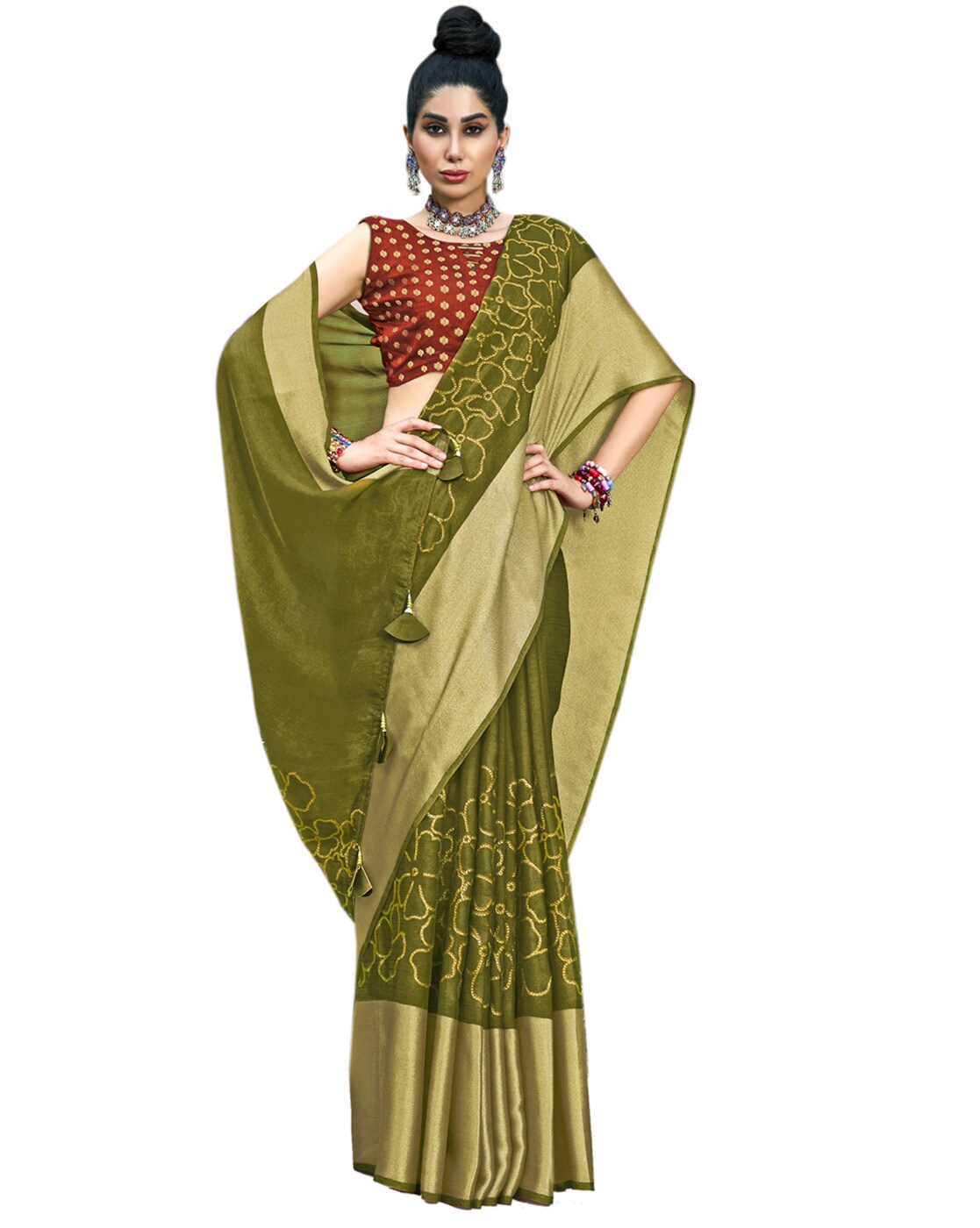 Buy Olive Sarees for Women by Indie Picks Online | Ajio.com