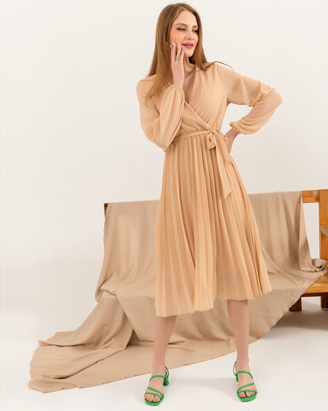 Pleated A Line Dress with Waist Tie Up