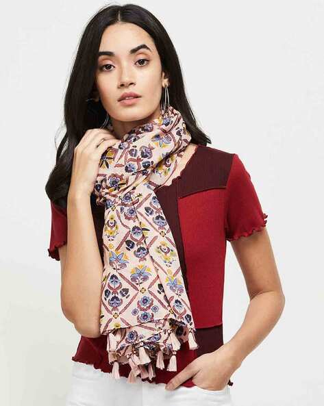 Floral Print Scarf with Tassels Price in India