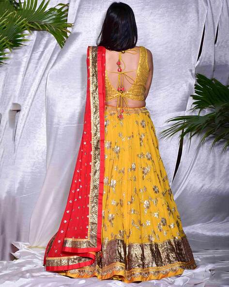 Buy Yellow Silk Chanderi Dupatta Organza Printed Lehenga Set For Women by  PUNIT BALANA Online at Aza Fashions.