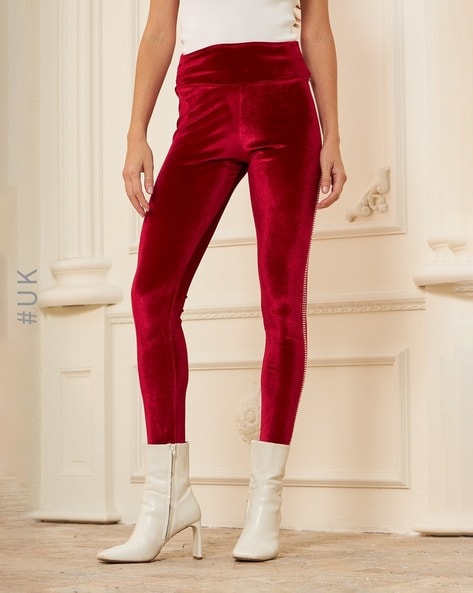 Buy Red Stretch Velvet High Waist Leggings 151908 Online in India - Etsy