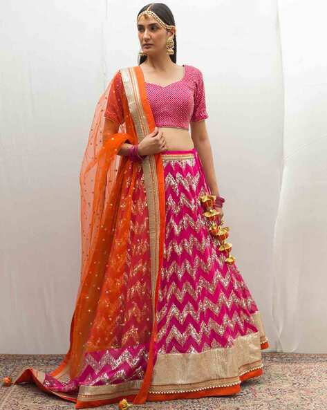 Buy Women Pink Tiered Lehenga Set With Contrast Embroidered Blouse And  Dupatta - Ready To Wear Lehengas - Indya