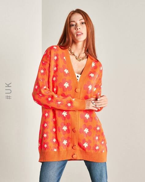 Womens Cardigans Casual Floral Cardigan Orange S