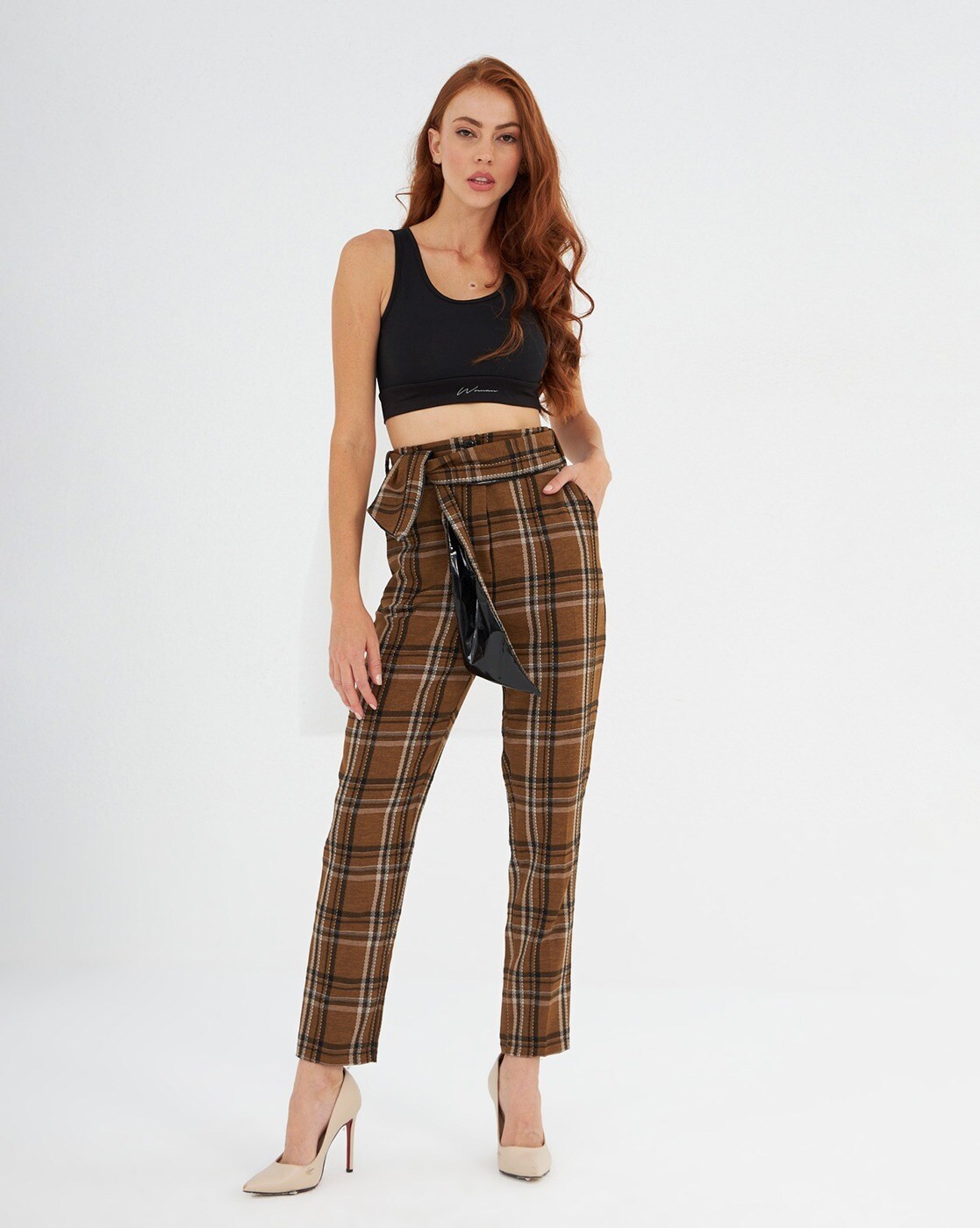 Buy Milumia Womens High Waisted Tartan Plaid Pants Slit Hem Flare Leg  Trousers Brown XSmall at Amazonin