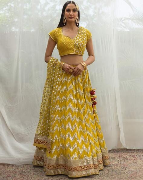 1) Yellow Lehenga Set | Yellow lehenga, Haldi dress ideas, Cotton lehenga