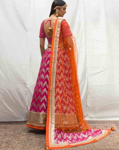 Buy Women Wine Thread Embroidered Lehenga Set With Blouse And Contrast  Dupatta - Ready To Wear Lehengas - Indya