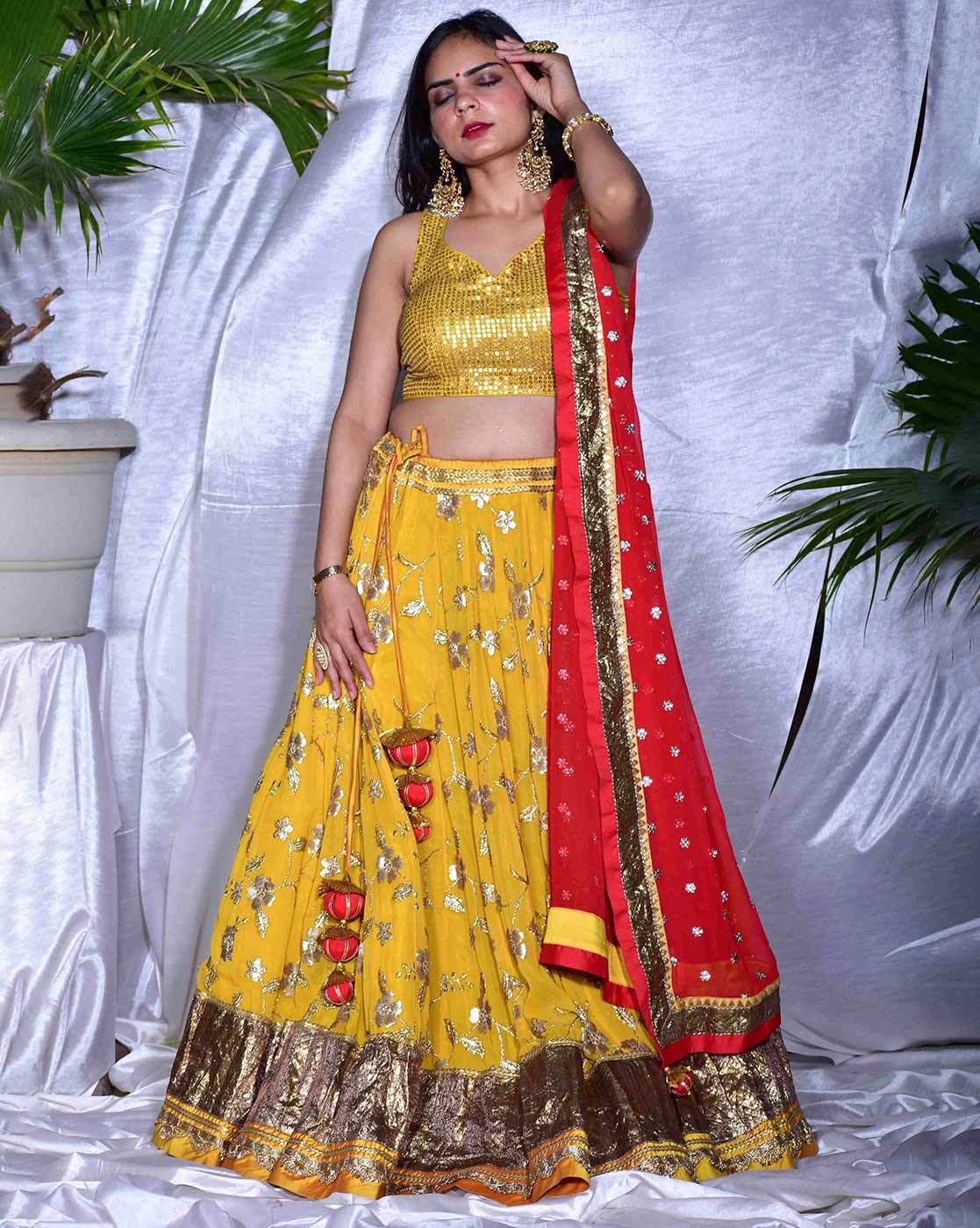 Buy online Luxe Red And Yellow Combination Lehenga Set from ethnic wear for  Women by Aggarwal Sarees for ₹3197 at 0% off | 2024 Limeroad.com