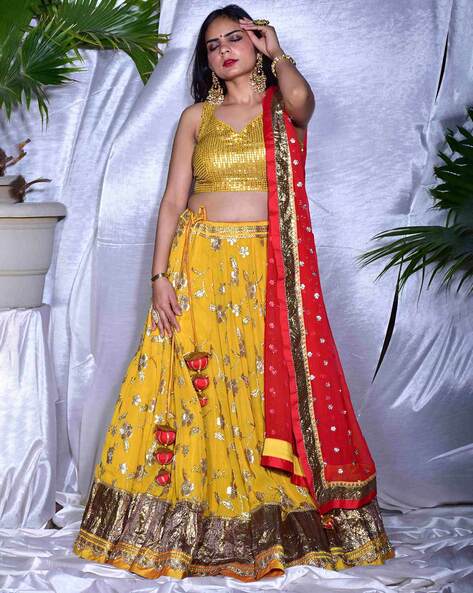 Buy Yellow Multi-Thread Work Velvet Bridal Lehenga Choli Online At Zeel  Clothing