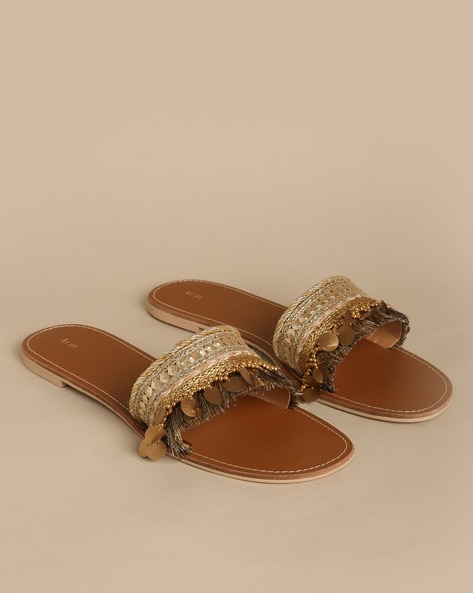 Gold embellished 2025 flat sandals