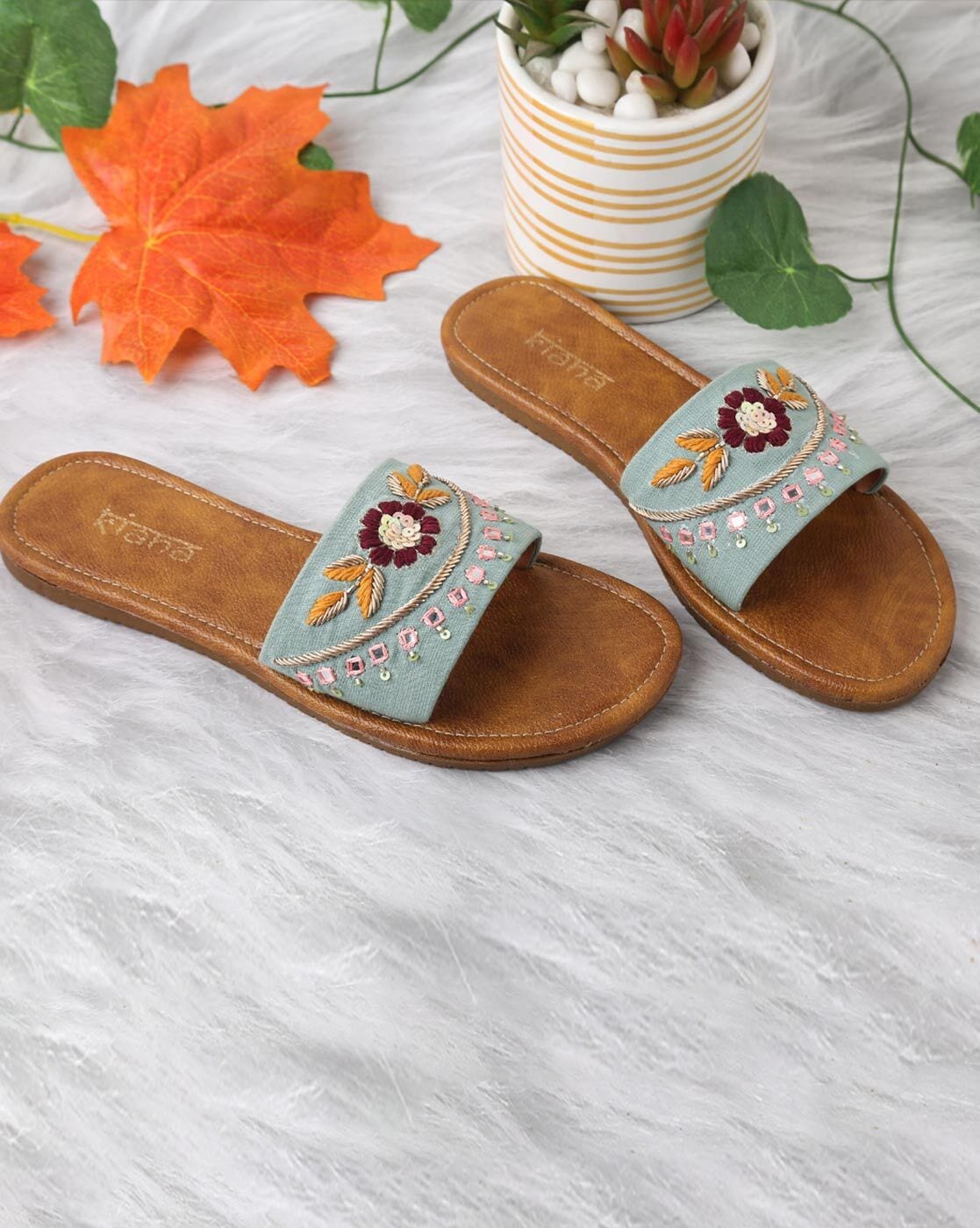 Embroidered Slip-On Slides Flip-Flops