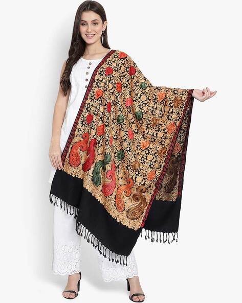Floral Embroidered Shawl with Tassels Price in India