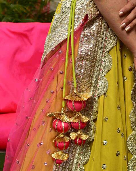 Shop Bitiya by Bhama Girls Yellow & Pink Embroidered Choli Yellow Lehariya  Printed Lehenga with Dupatta Online – Bhamadesigns