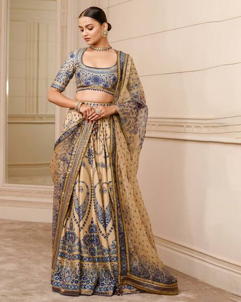 Ivory Lehenga with Navy Blue Blouse Set - Priti Sahni - East Boutique