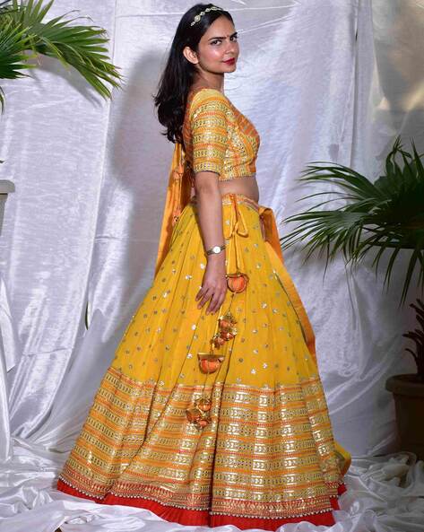 Yellow Semi-Stitched Lehenga & Blouse with Dupatta