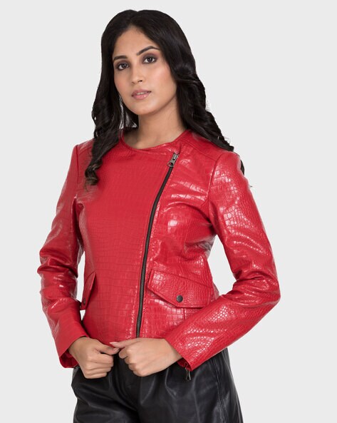 Red Patent Leather Jacket with Magenta Snakeskin Trim — Leatheracci