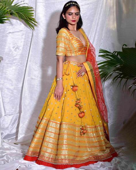 Yellow & Red Wedding Wear Woven & Embroidered Silk Lehenga Choli