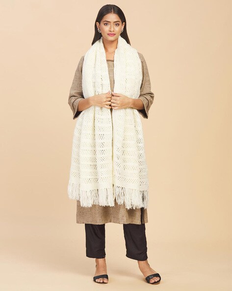 Knitted Woven Shawl with Fringed Hems Price in India