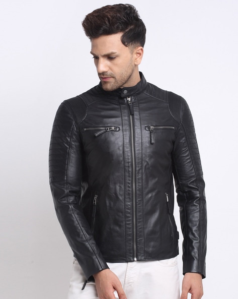 Solid Black Mens Leather Jacket With Hood - Maher Leathers