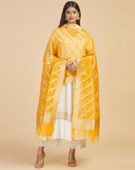 Striped Pattern Dupatta with Tassels Price in India