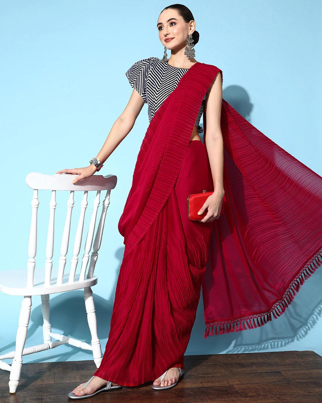 Red Party Wear Lace With Stone Work Silk Saree