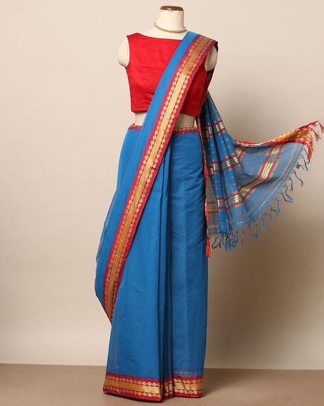 Kora silk cotton saree elaichi green and red with zari woven buttas an –  Cherrypick