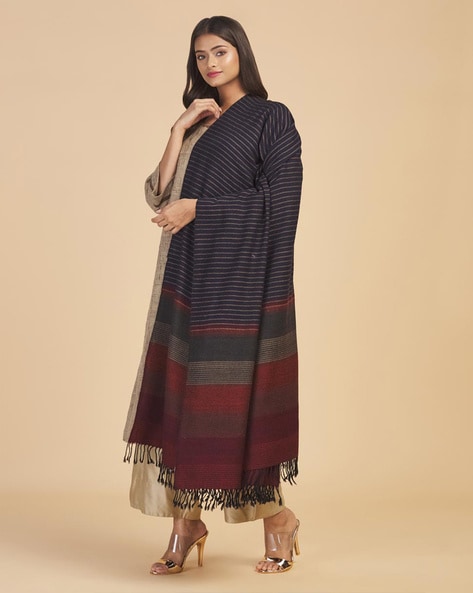 Striped Woven Shawl with Fringed Hems Price in India