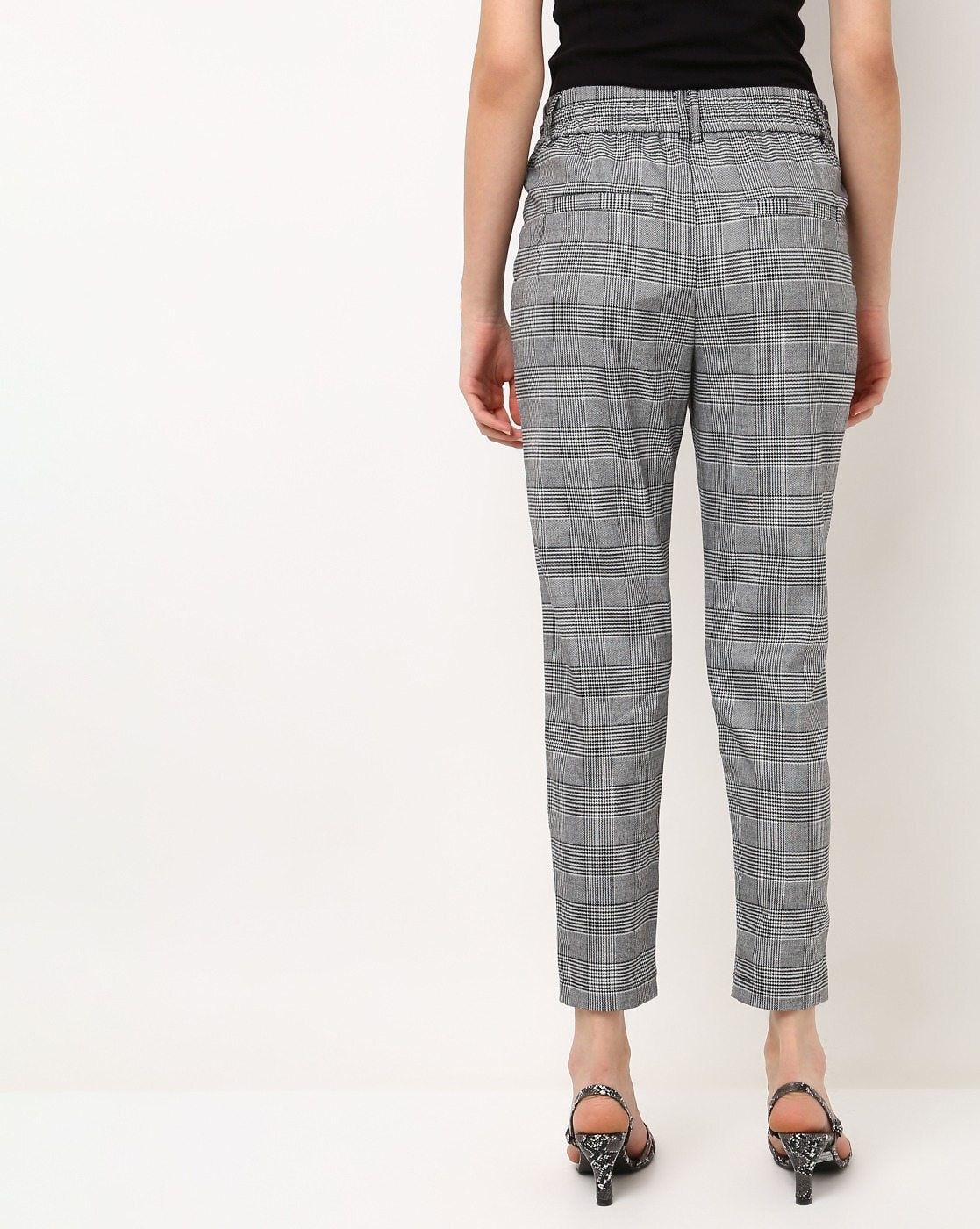 High Waist Checkered Trousers - Grey/Brown/Multi - Just $7