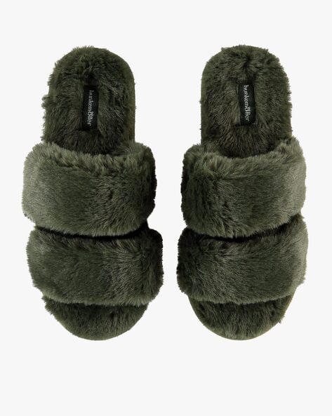 Furry double strap discount slippers