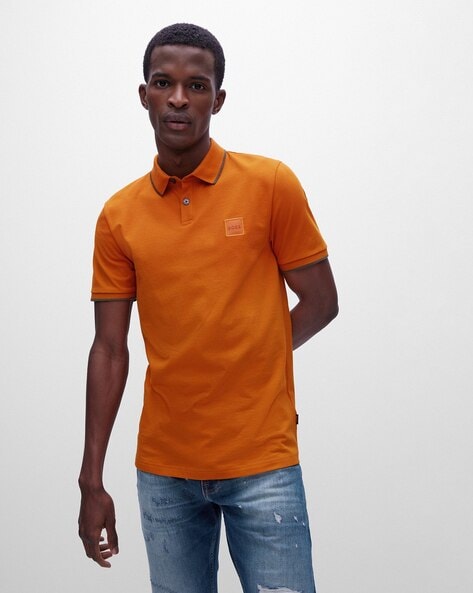 Buy Stretch Cotton Slim Fit Polo T-Shirt Logo Patch | Orange Color Men | AJIO LUXE