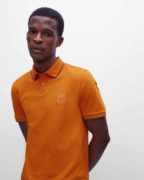 Buy BOSS Stretch Cotton Slim Fit Polo T-Shirt with Logo Patch | Orange  Color Men | AJIO LUXE | 
