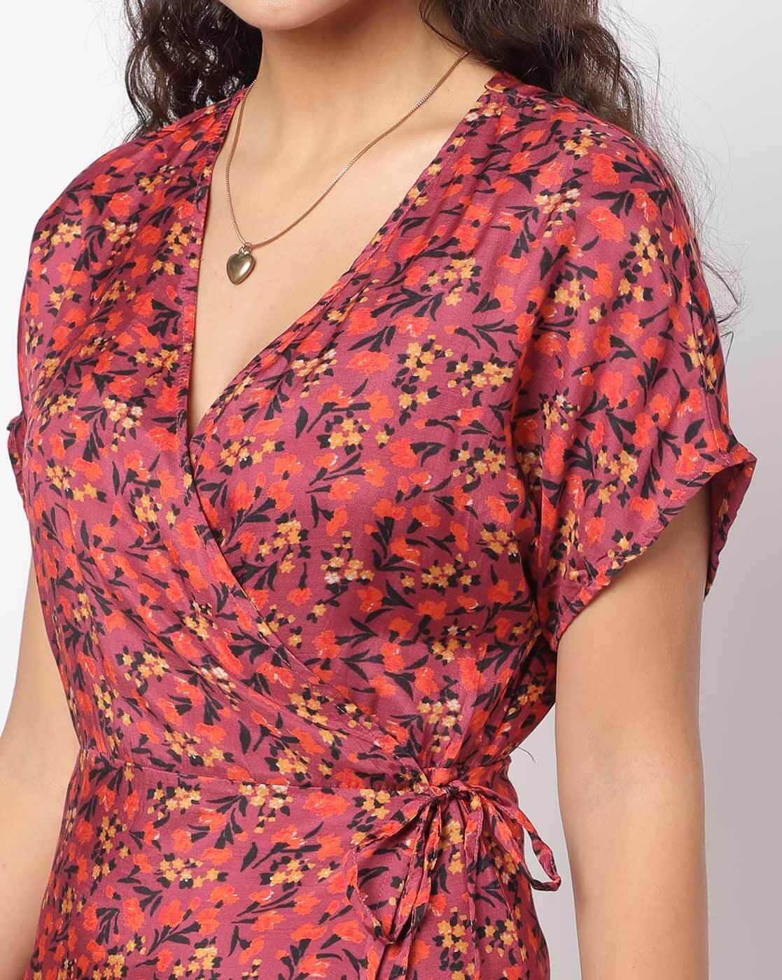 Maroon floral 2024 wrap dress