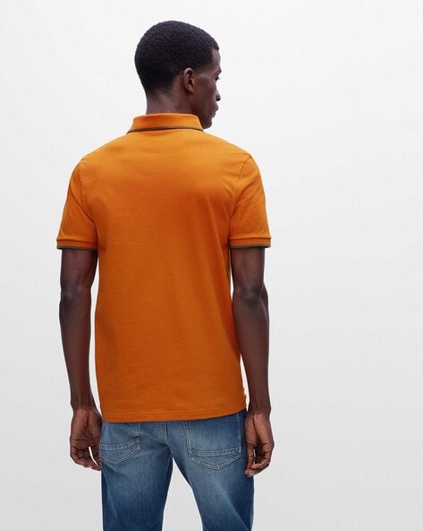 Men T-Shirt | Polo Buy Orange Patch Logo AJIO LUXE BOSS Color Fit Cotton Slim | with Stretch