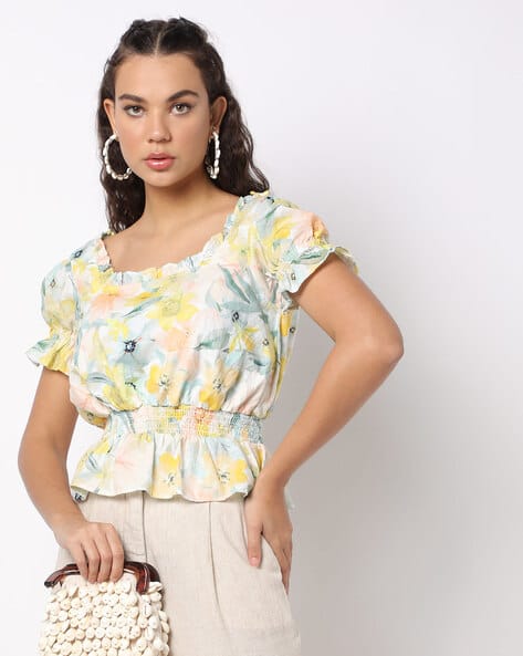 Fyre Rose Floral Print Square-Neck Blouson Top