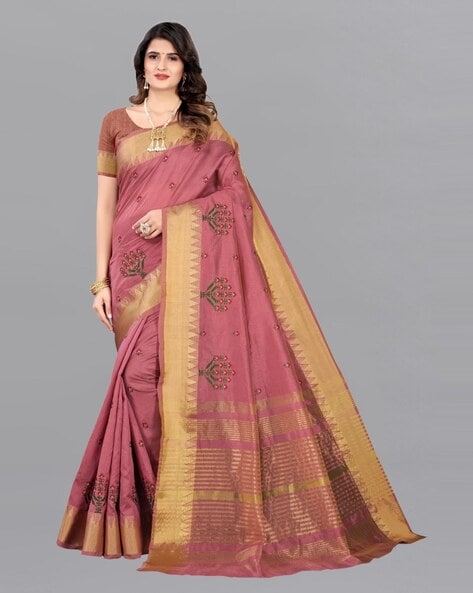 Buy Rani Pink Saree With Golden Border Online @Mohey - Saree for Women